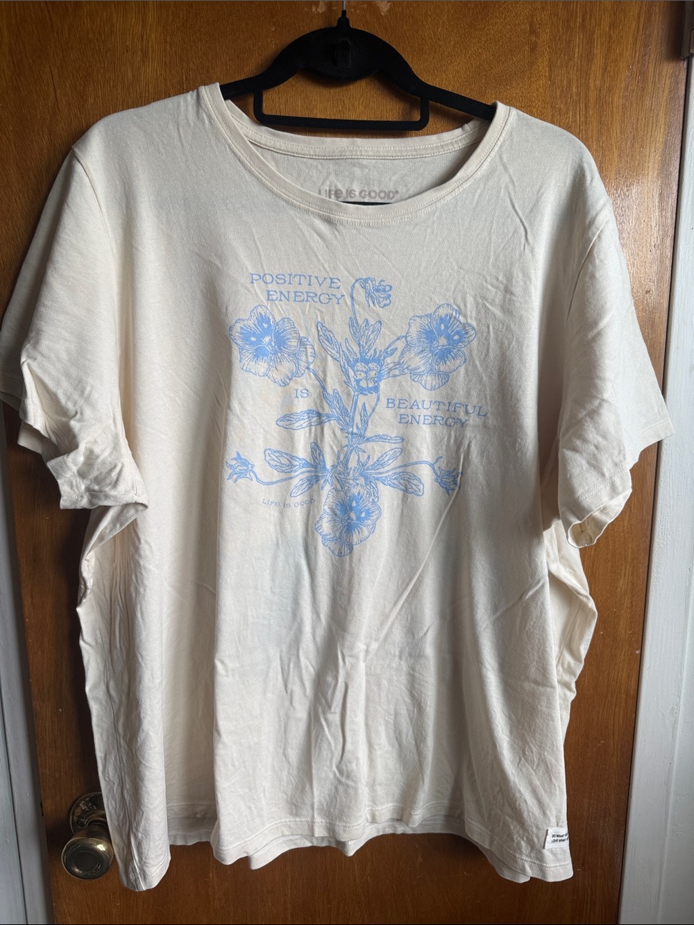 Life Is Good Cream Short Sleeve Tee with Light Blue Floral Print